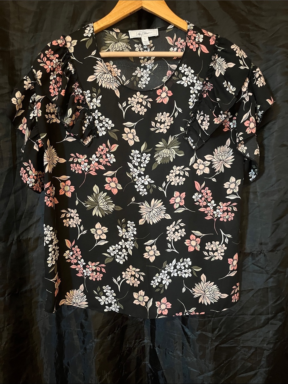 libby. edelman Black Floral Ruffle Sleeve Blouse with Pink and Cream Flowers